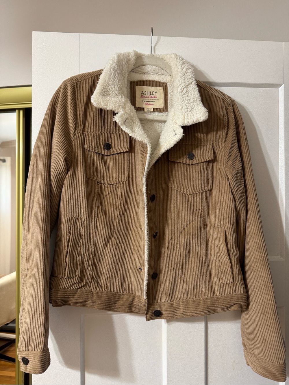 Ashley By 26 International Corduroy Teddy-Lined Jacket in Tan with Cream Sherpa